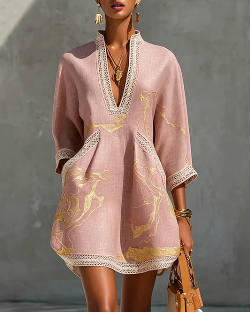 Soeun | V-Neck Printed Tunic Mini Dress