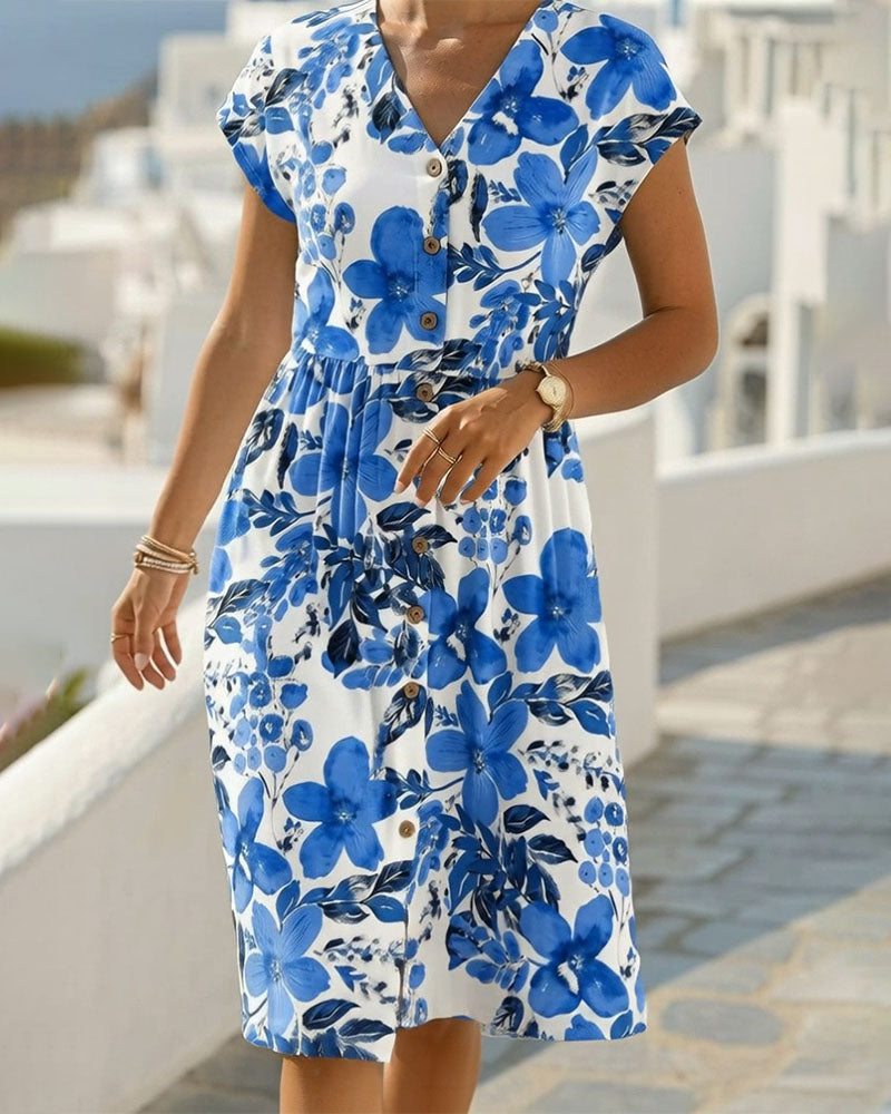 Sinera - Floral Print Short Sleeve Midi Dress