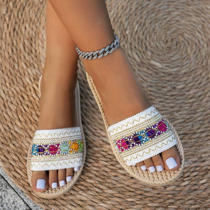 Shantica - Flat Slide Sandals Woven Pattern Strap