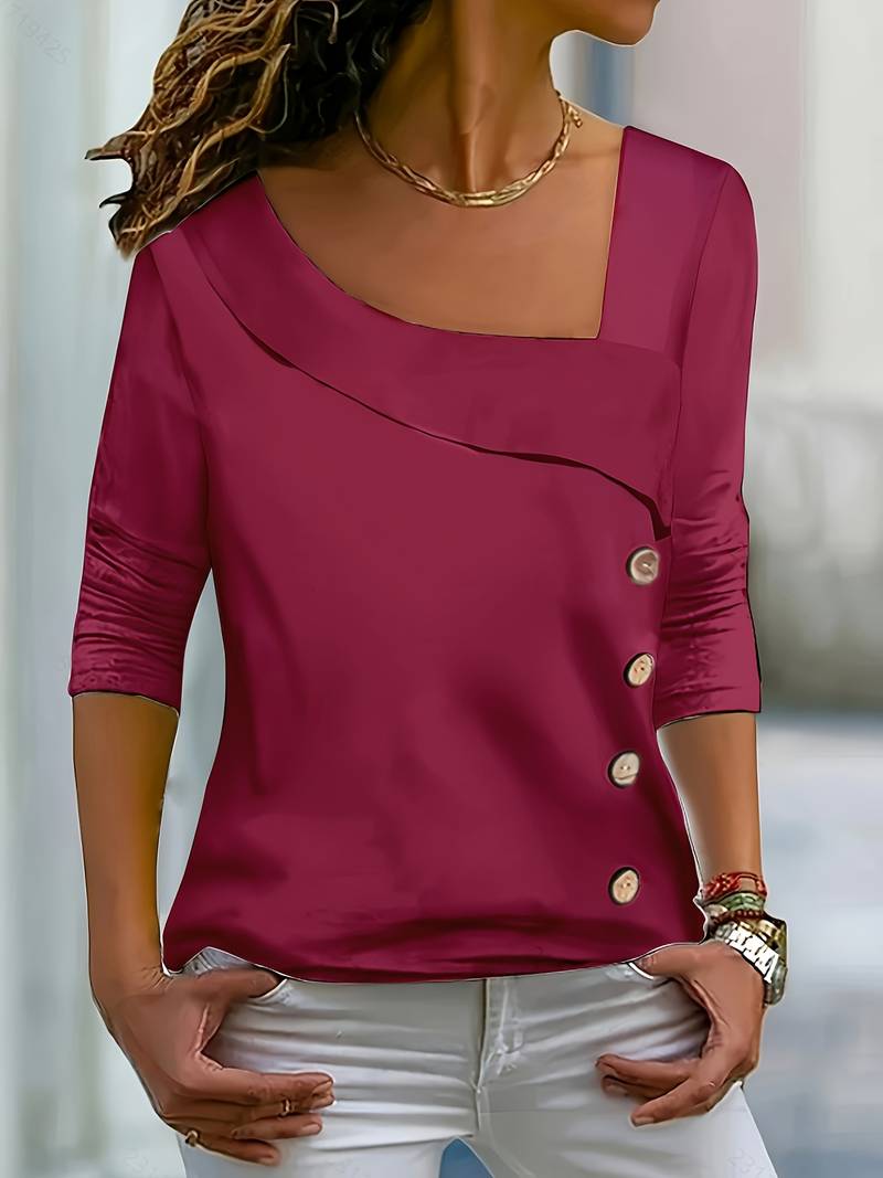 Chelsey | Asymmetrical Neck Button Detail Top