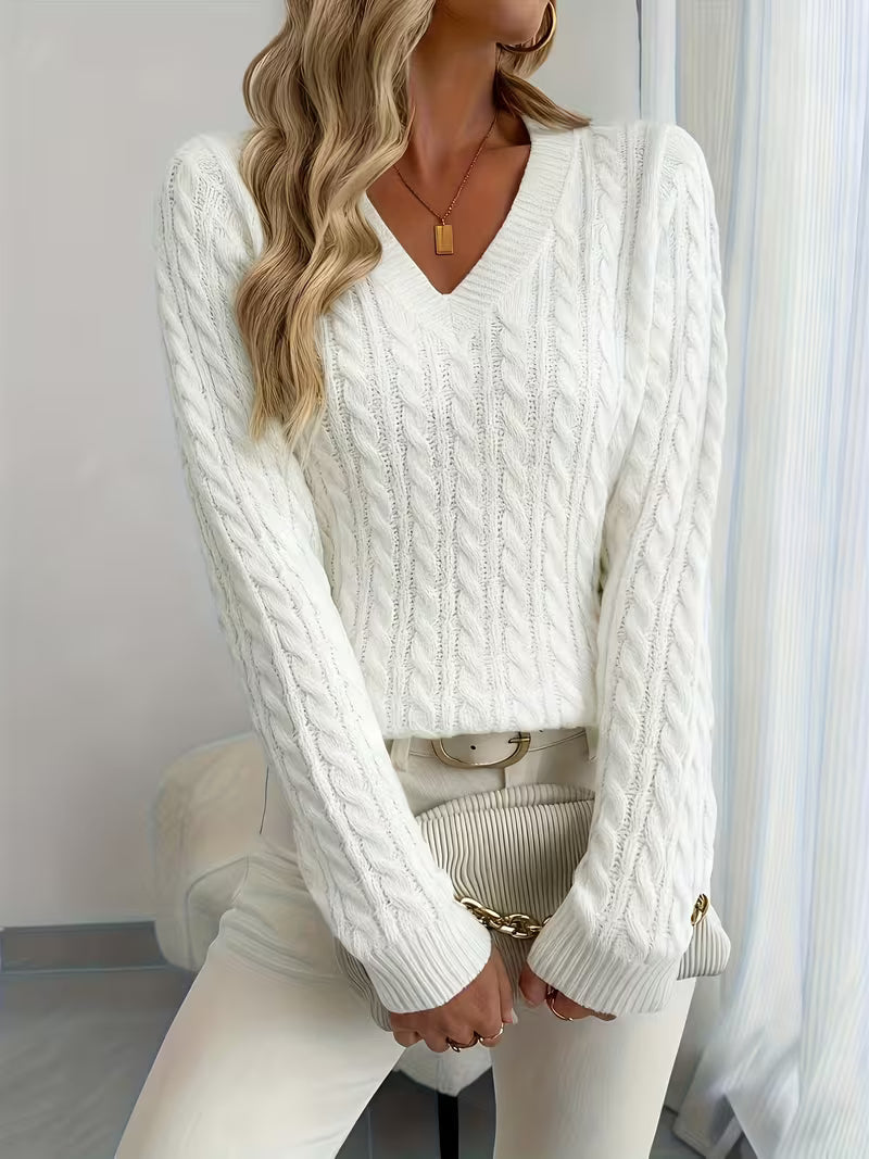 Lenea | Cable Knit V-Neck Long Sleeve Sweater