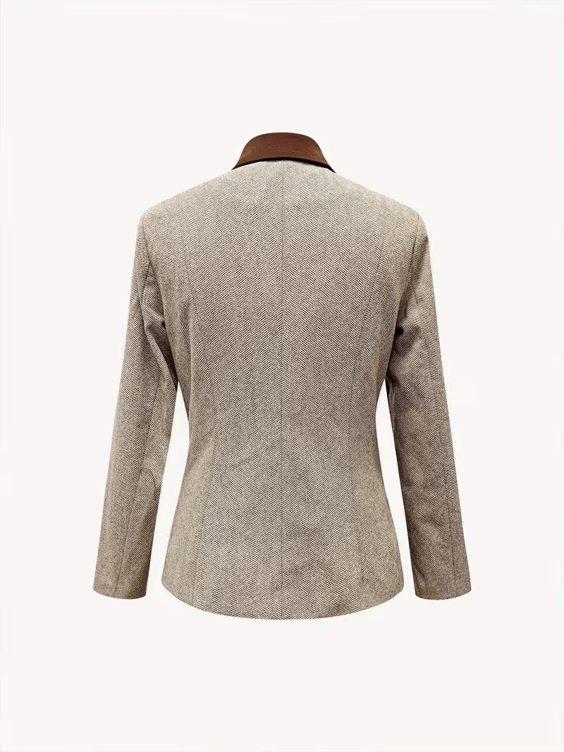 Yessica | Blazer Jacket Herringbone Notch Collar Beige