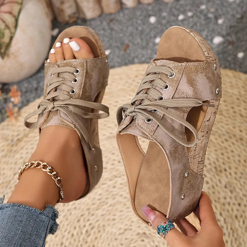 Nadiu | Wedge Slide Sandals with Lace Front