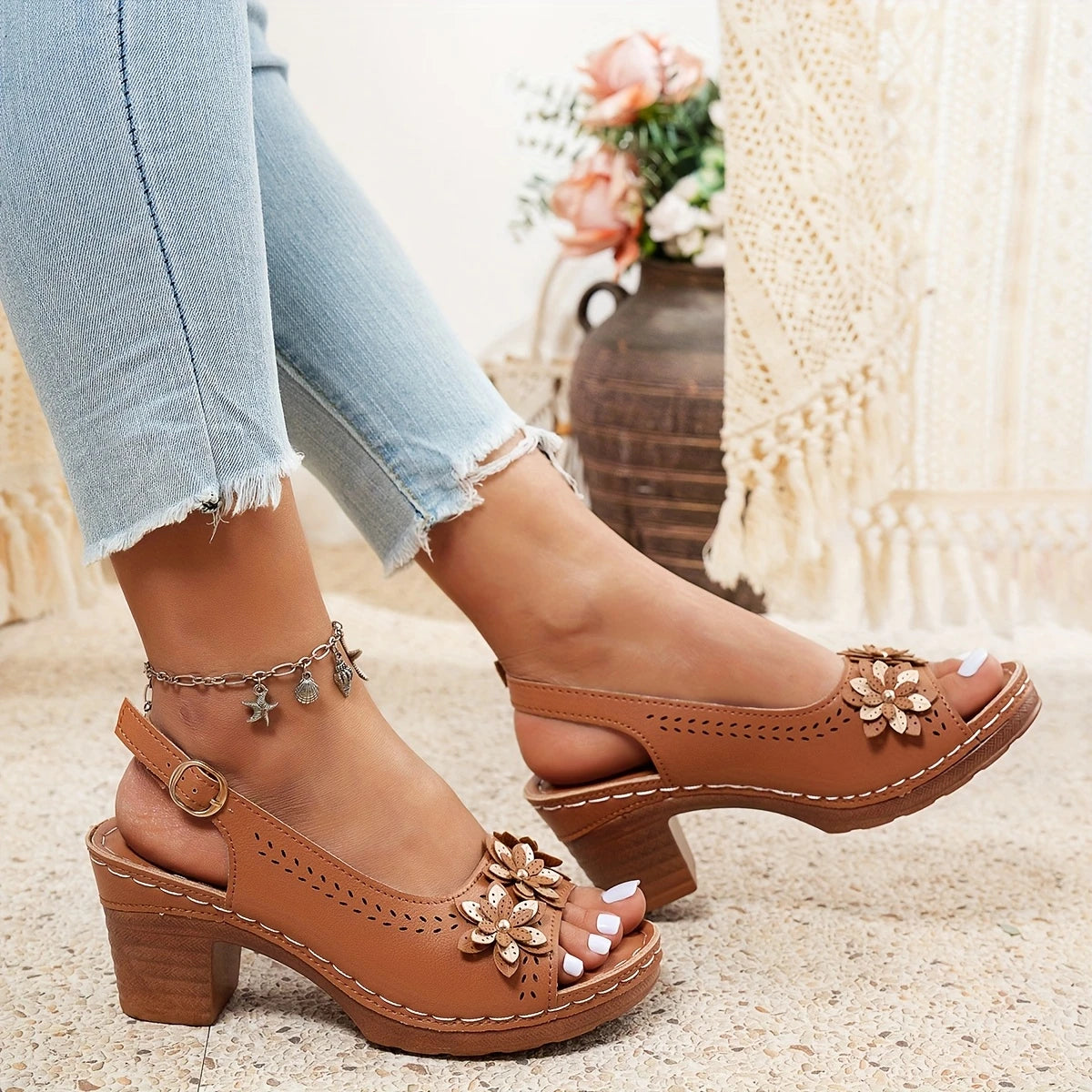 Haisley | Slingback Block Heel Floral Sandals