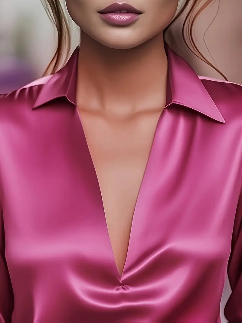Lianyandra | V-Neck Satin Blouse in Light Pink