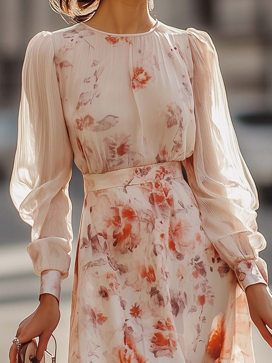 Shiella - Floral Pleated Long Sleeve Midi Dress
