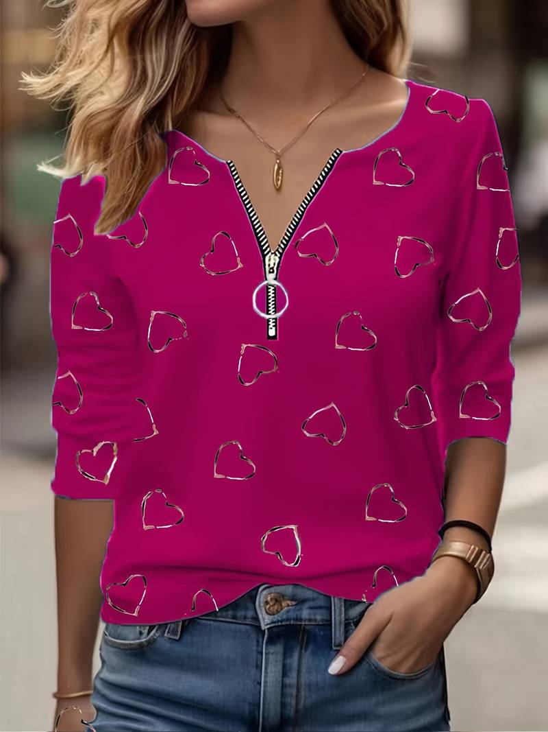 Romisha | Heart Print Zip Neck Top