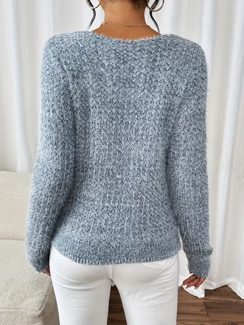 Aderah | Textured V-Neck Long Sleeve Knit Sweater
