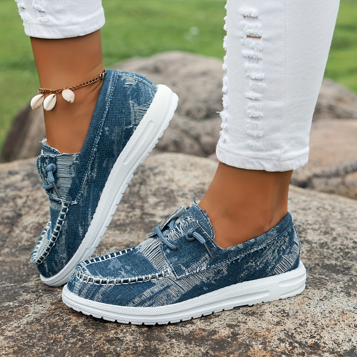 Astretira | Lace-Up Flat Sneakers with Denim-Style Design
