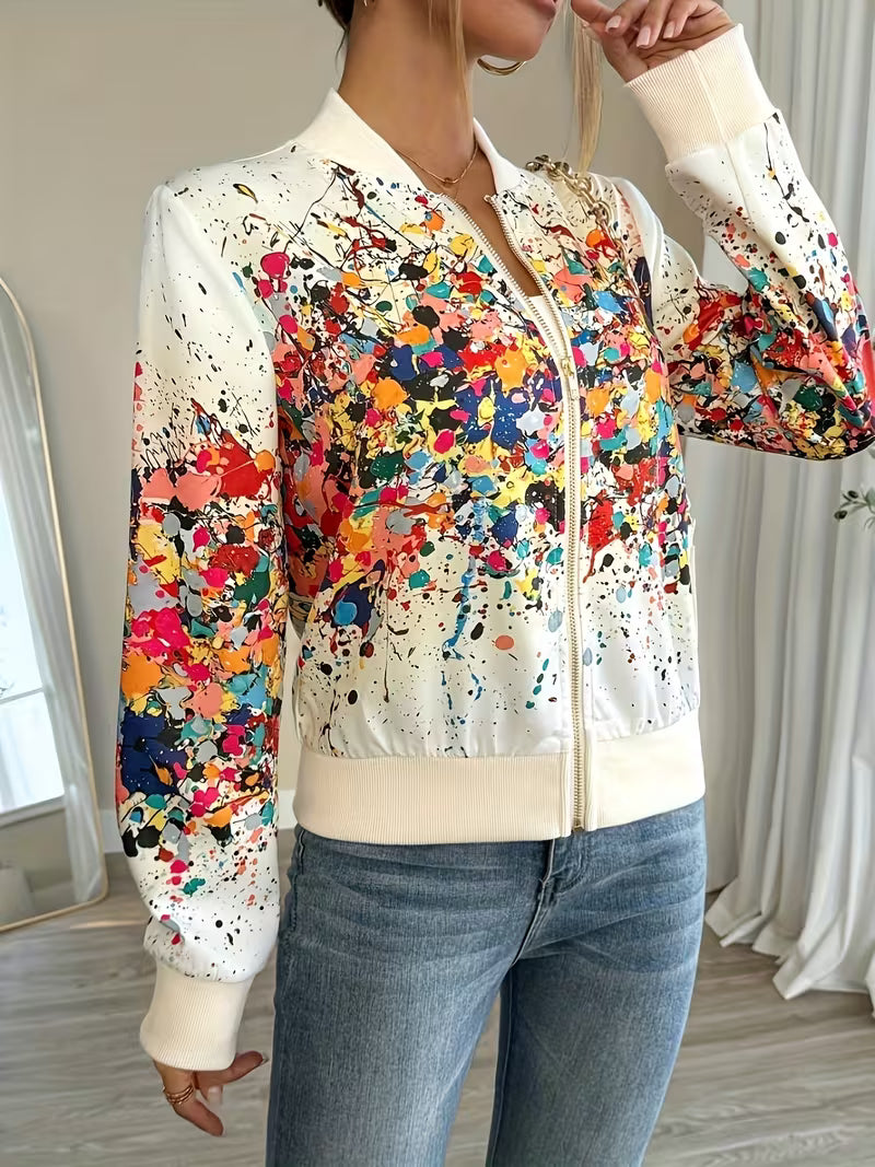 Deloova | Abstract Print Bomber Jacket with Zip Front