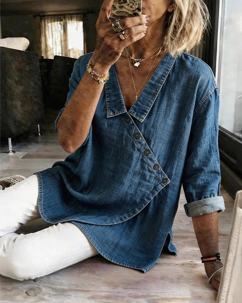 Olizia | Denim-Style Wrap V-Neck Long Sleeve Blouse