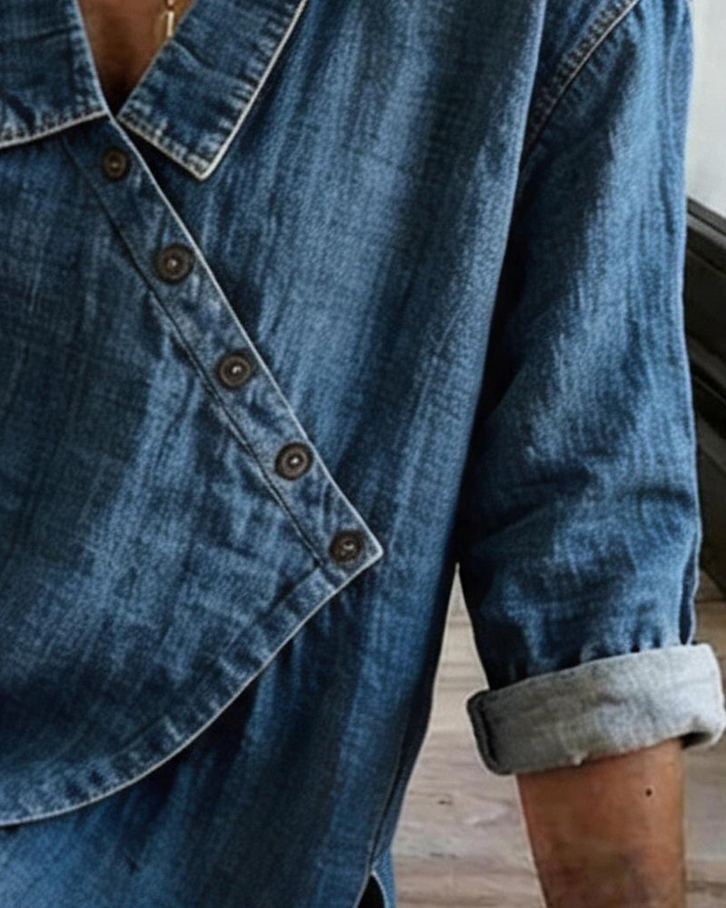 Olizia | Denim-Style Wrap V-Neck Long Sleeve Blouse