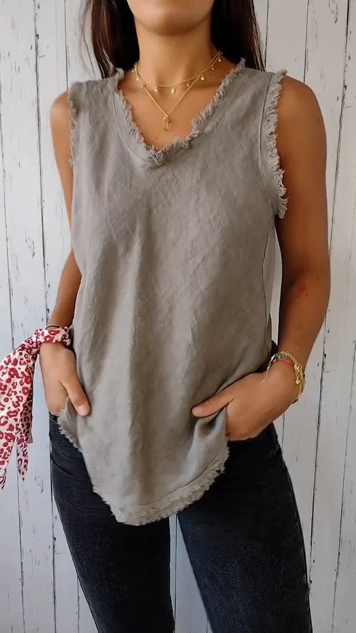 Myriam | Sleeveless V Neck Frayed Hem Vest Top