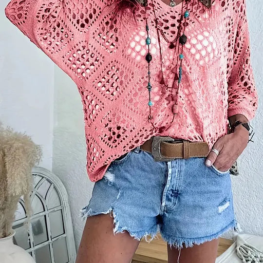 Raissa - Knitted V Neck Openwork Beach Top