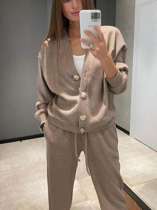 Anisa | Knitted V-Neck Button Cardigan Lounge Set