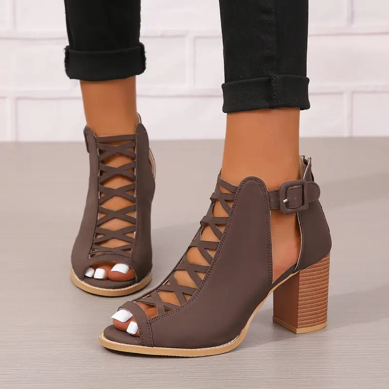 Ruzilya | Peep Toe Lace-Up Chunky Heel Sandals