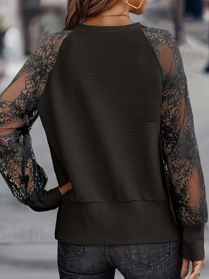Melionina | V-Neck Lace Sleeve Ribbed Top