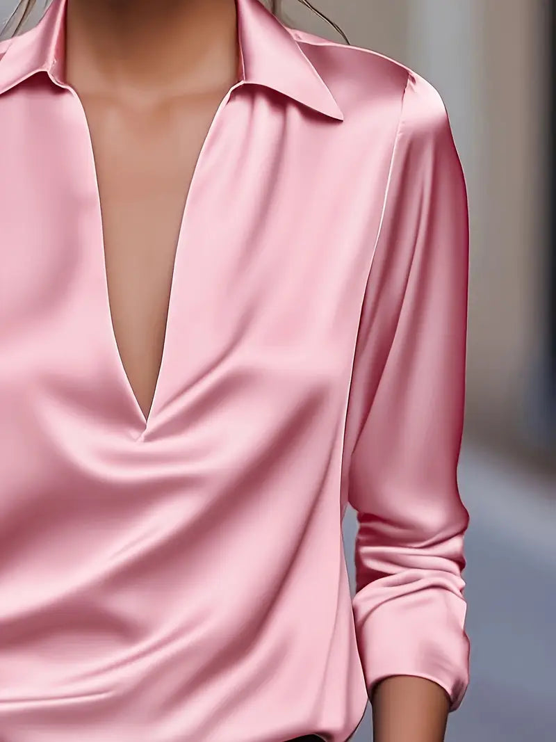 Lianyandra | V-Neck Satin Blouse in Light Pink