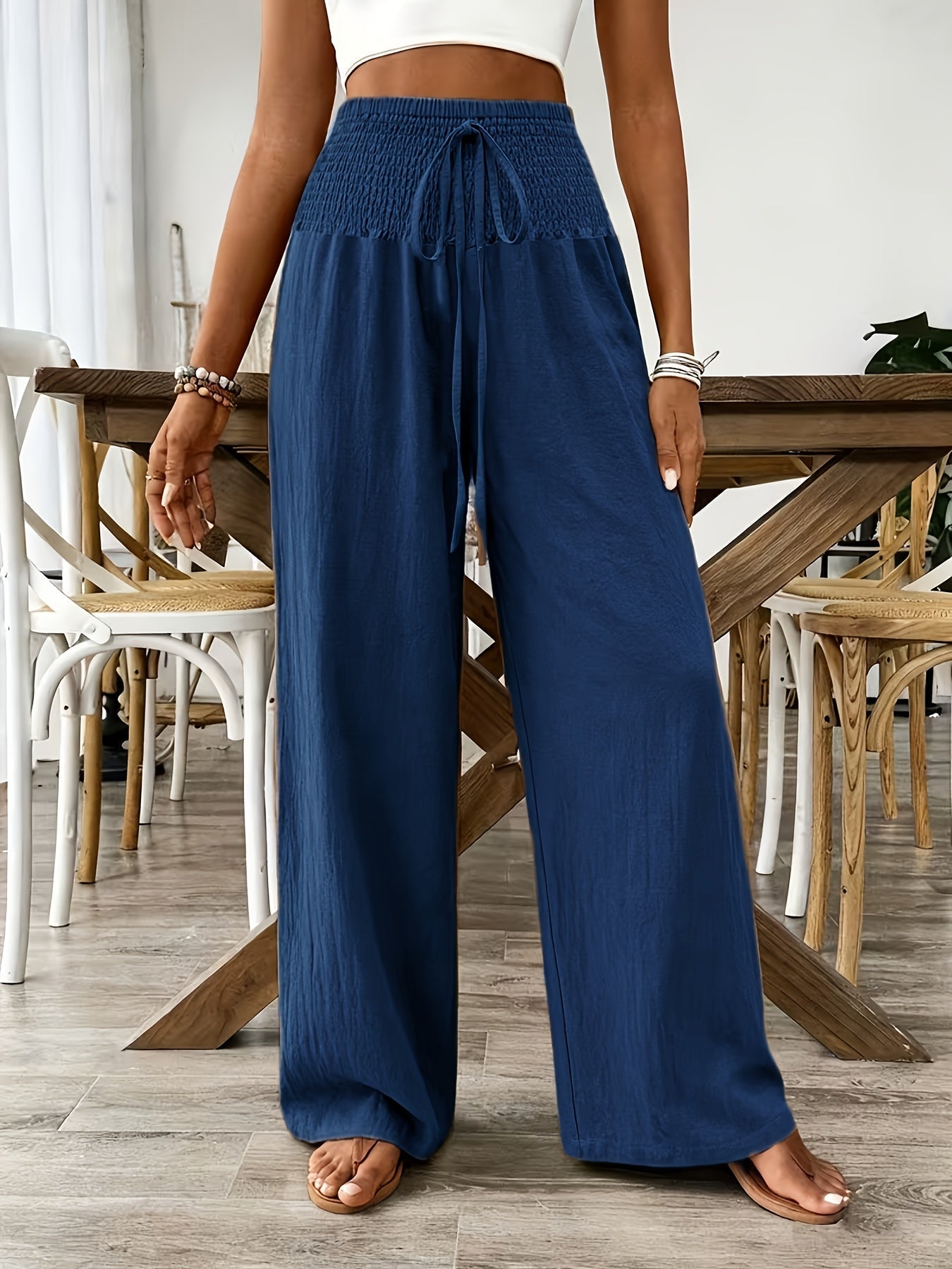 Rebeki | Pants High-Waisted Wide Leg Drawstring Smocked Waist