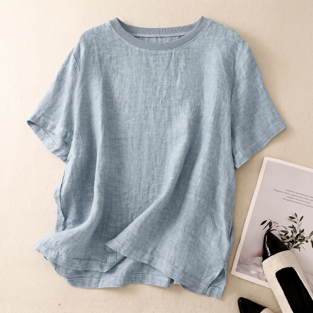 Nayna - Short Sleeve Crew Neck Linen Top