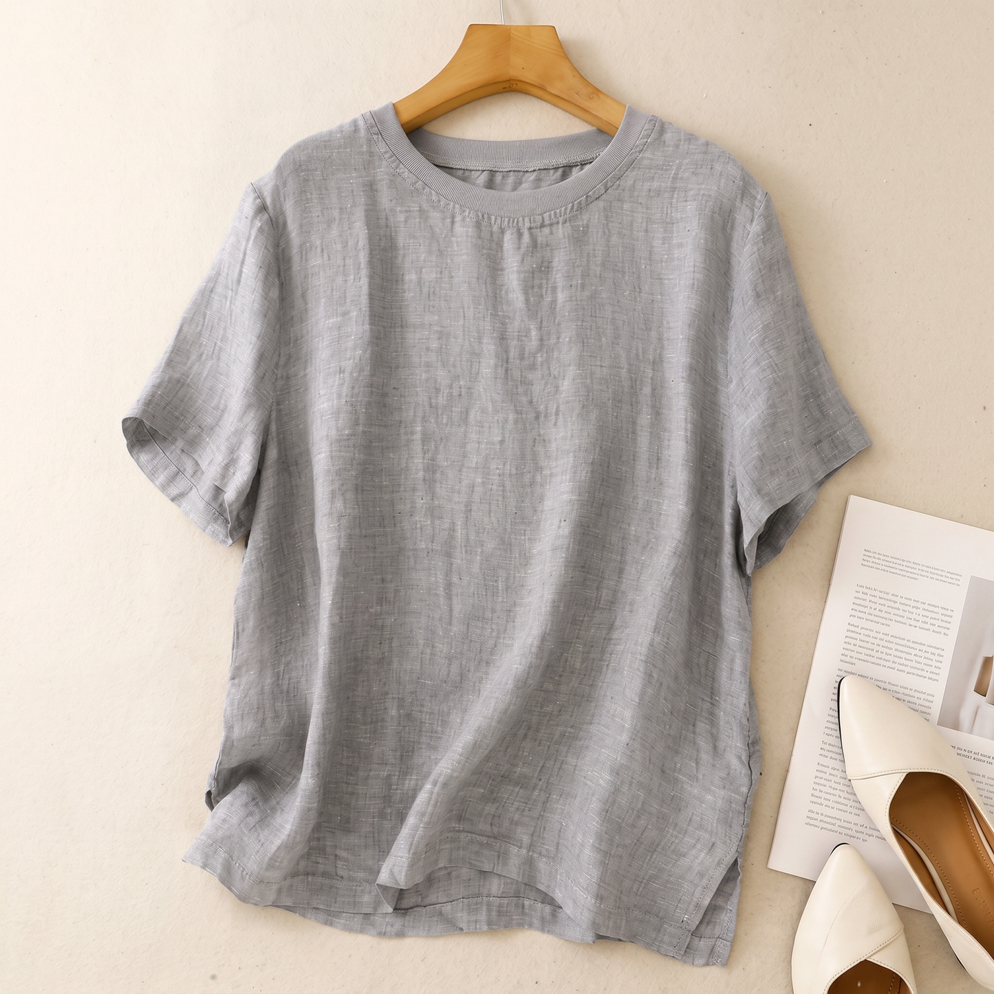 Nayna - Short Sleeve Crew Neck Linen Top
