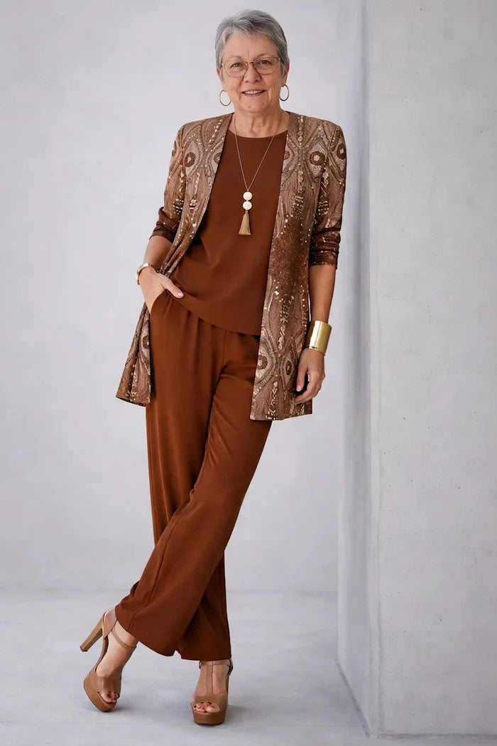 Giota | Three Piece Printed Cardigan Pant Set