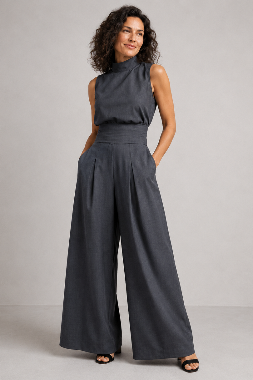 Winka | Sleeveless Mock Neck Wide Leg Jumpsuit