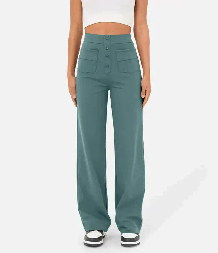 Elke | High Waist Button Front Wide Leg Trousers