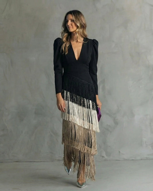 Nipuni | Fringe Tassel V Neck Maxi Dress