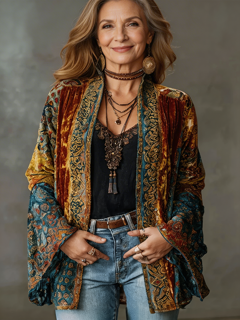 Elyska - Printed Open Front Kimono Jacket