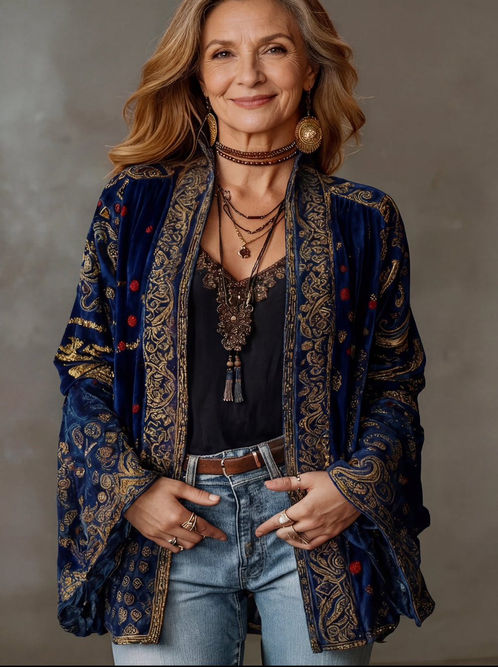 Elyska - Printed Open Front Kimono Jacket