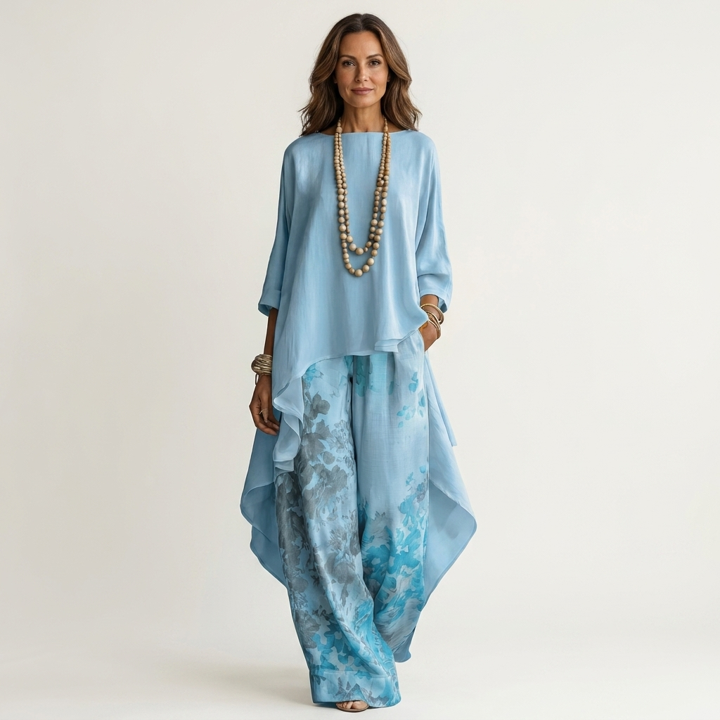 Ainan - Two Piece Asymmetric Tunic Wide Leg Set
