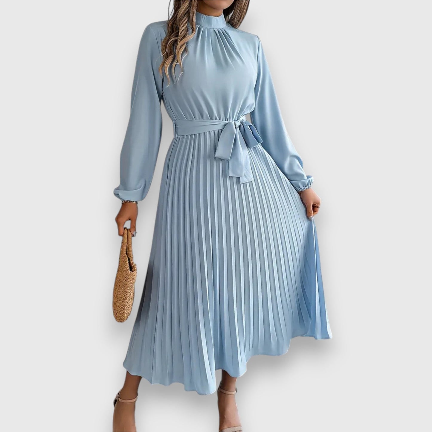 Lisa | Pleated Long Sleeve Belted Midi Dress