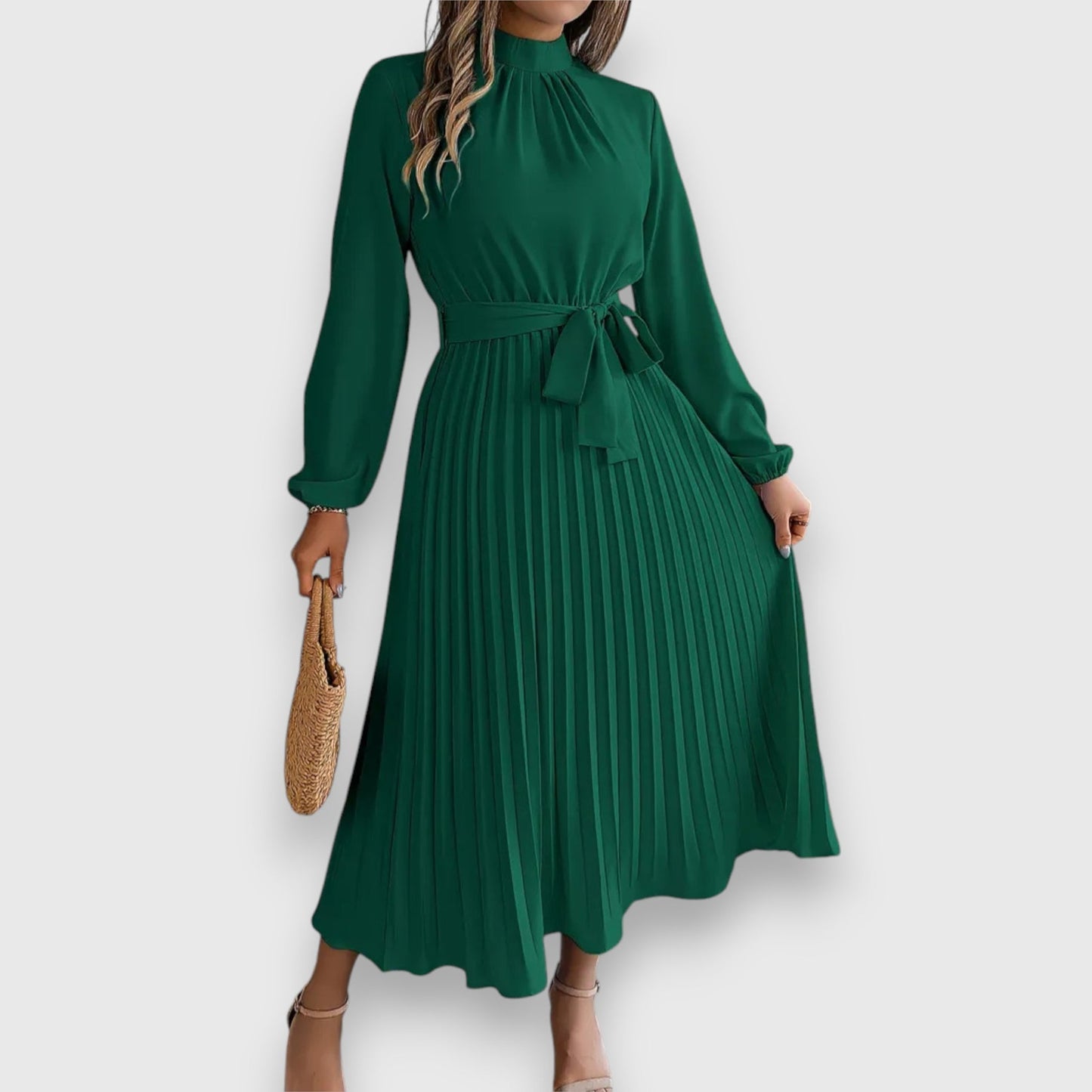 Lisa | Pleated Long Sleeve Belted Midi Dress