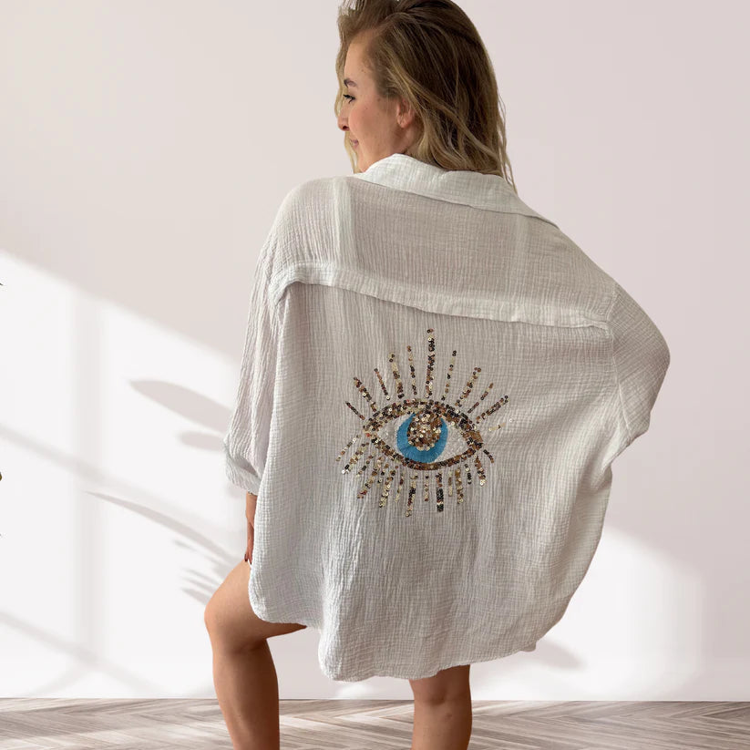 Eliza - Oversized Button Shirt Eye Back Print