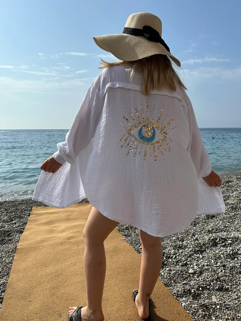 Eliza - Oversized Button Shirt Eye Back Print