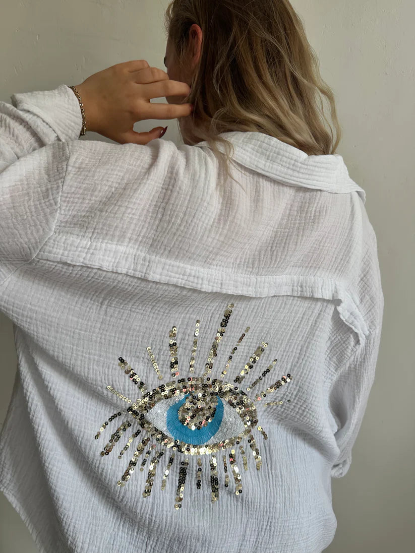 Eliza - Oversized Button Shirt Eye Back Print