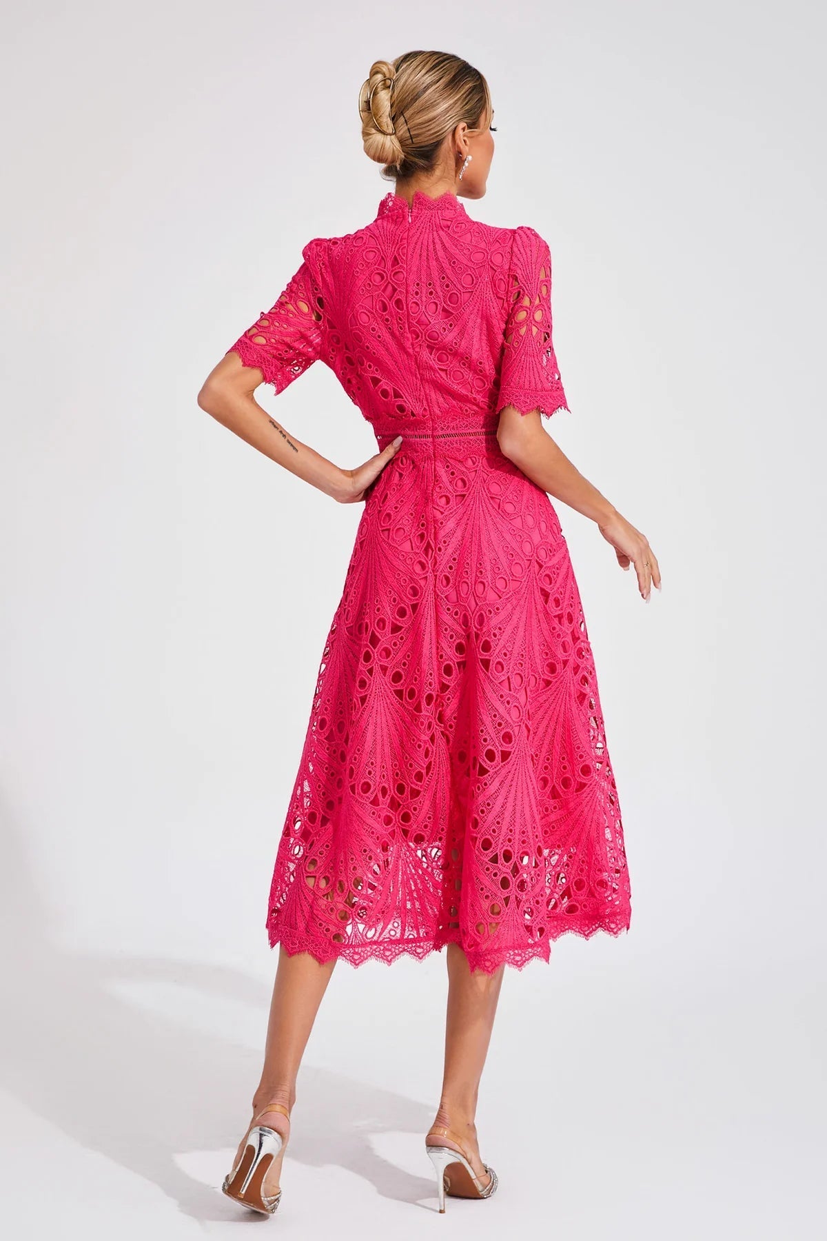 Vorelle | Lace Midi Dress High Neck Short Sleeve