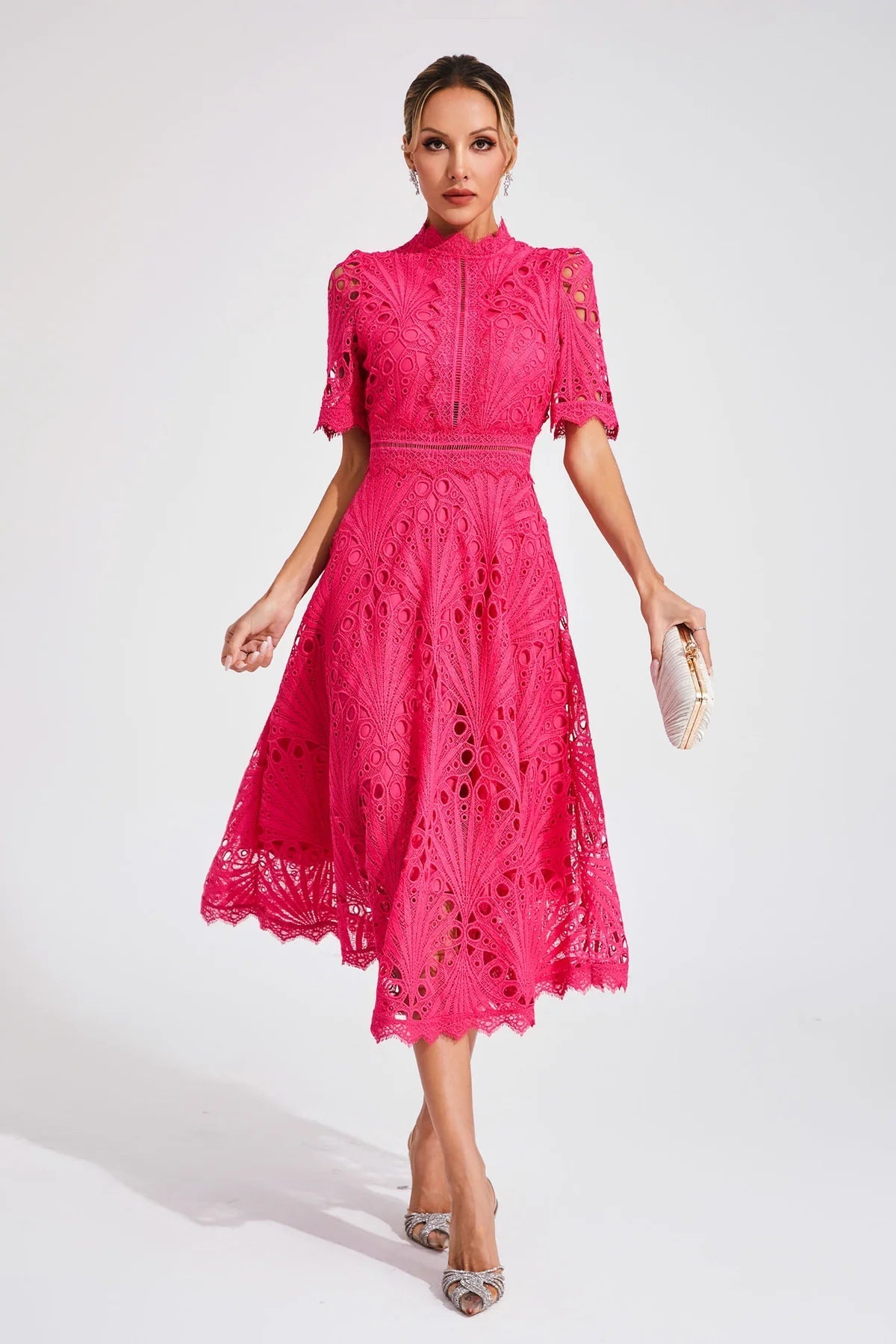 Vorelle | Lace Midi Dress High Neck Short Sleeve