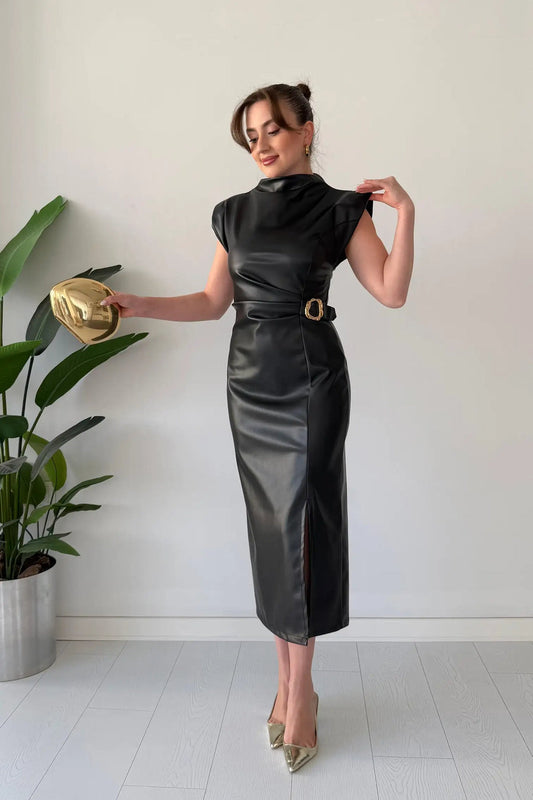 Claudine - Mock Neck Belted Midi Dress