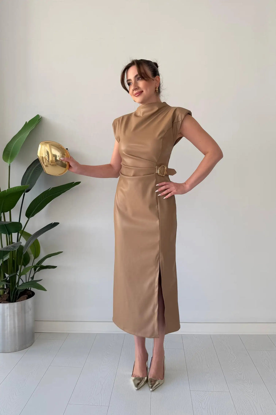 Claudine - Mock Neck Belted Midi Dress
