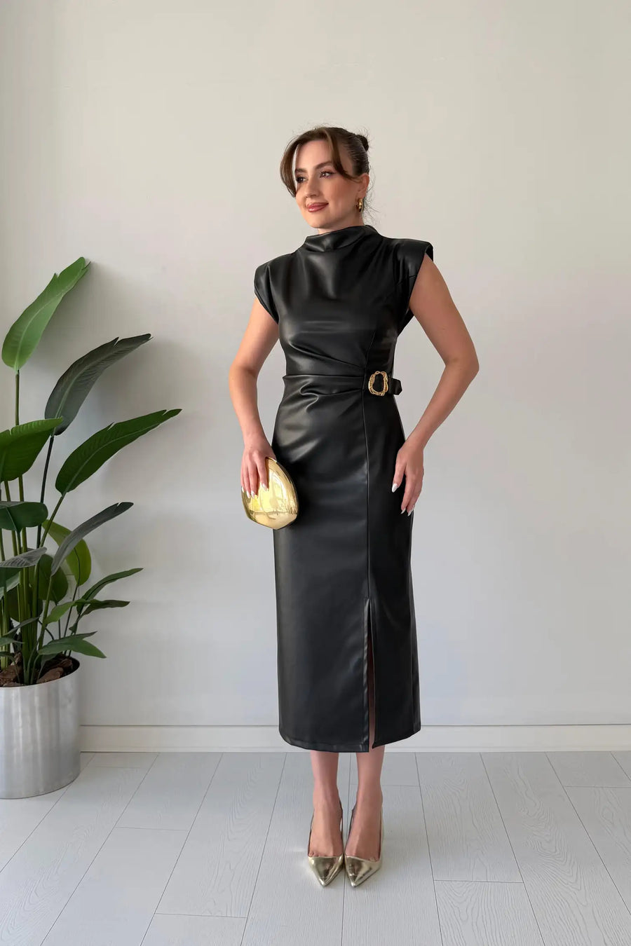Claudine - Mock Neck Belted Midi Dress