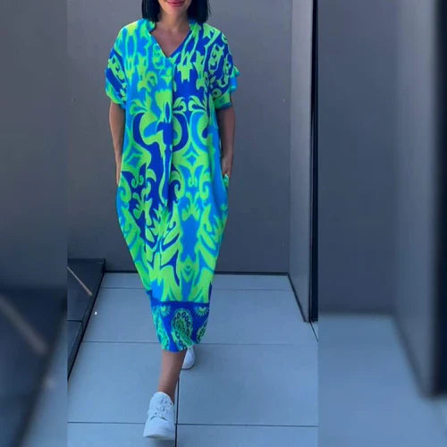 Bastiana | Printed V-Neck Short Sleeve Maxi Dress