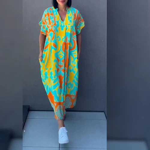 Bastiana | Printed V-Neck Short Sleeve Maxi Dress