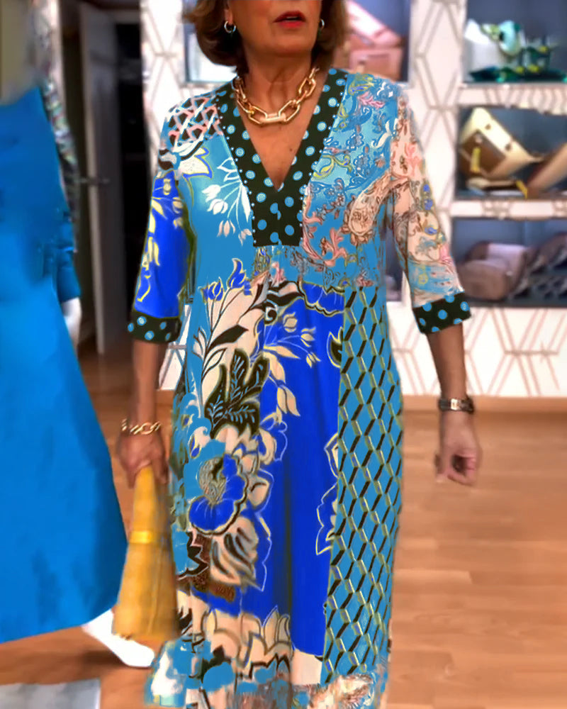Charmaine | Patchwork V-Neck Three-Quarter Sleeve Maxi Dress