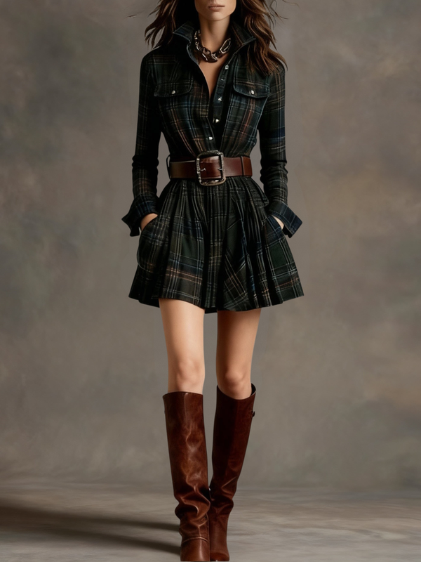 Keshet | Plaid Long Sleeve Mini Shirt Dress