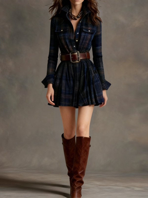 Keshet | Plaid Long Sleeve Mini Shirt Dress