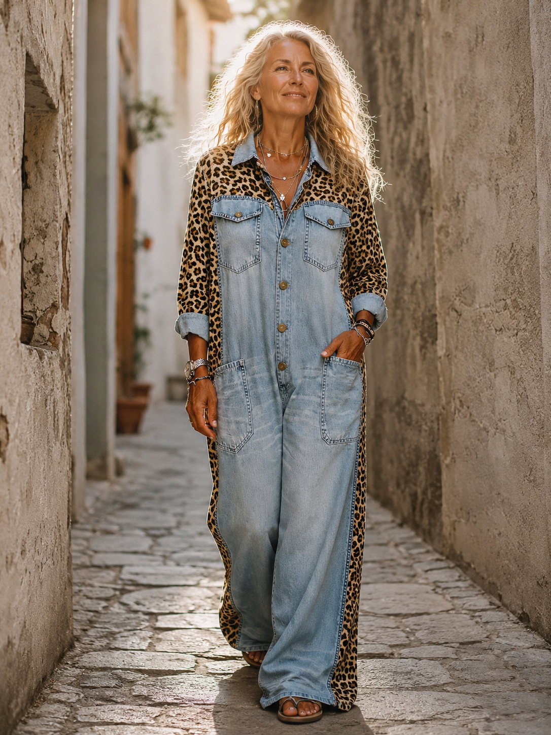 Yasmeen | Denim Leopard Print Wide Leg Jumpsuit