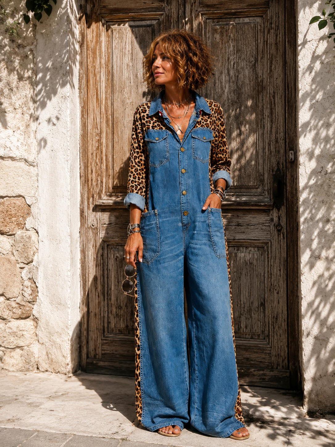 Yasmeen | Denim Leopard Print Wide Leg Jumpsuit