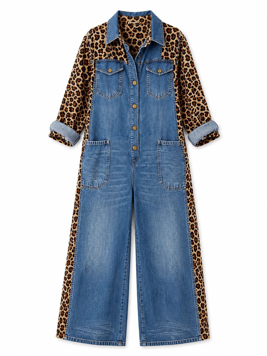 Yasmeen | Denim Leopard Print Wide Leg Jumpsuit